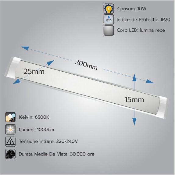 Corp Led Fida aluminiu, 10W=20W, 6400K, lumina rece