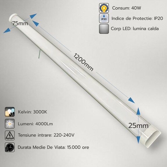 Corp Led Fida aluminiu, 40W=80W, 3000K, lumina calda