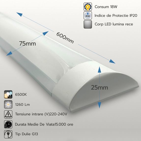 Corp Led Liniar IP20 18W=36W, 6500K, lumina rece, 600Mm 