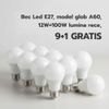 Bec Led E27, model glob A60, 12W=100W lumina rece, 9+1 GRATIS