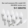 Bec Led Lumanare E14, model C37, 9W=80W, lumina rece 9+1 GRATIS