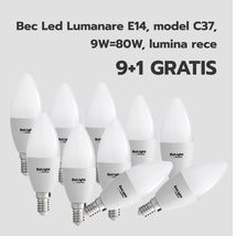 Bec Led Lumanare E14, model C37, 9W=80W, lumina rece 9+1 GRATIS