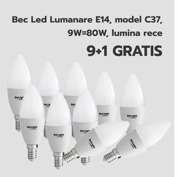 Bec Led Lumanare E14, model C37, 9W=80W, lumina rece 9+1 GRATIS