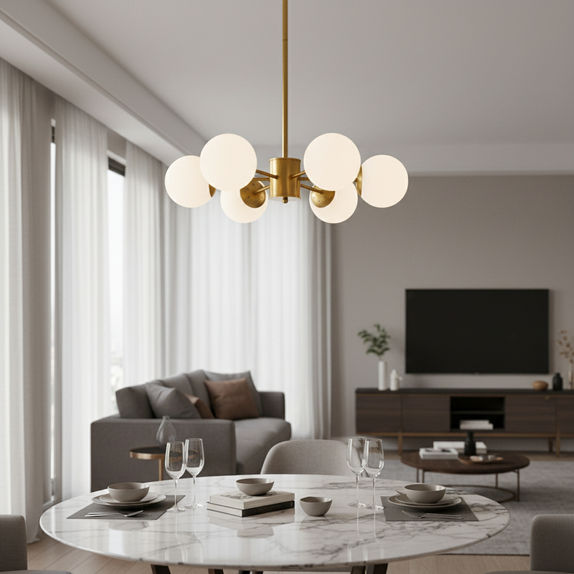 Lustra LED Living 6 Brate Auriu – 6xE27 60W, Diametru 60cm