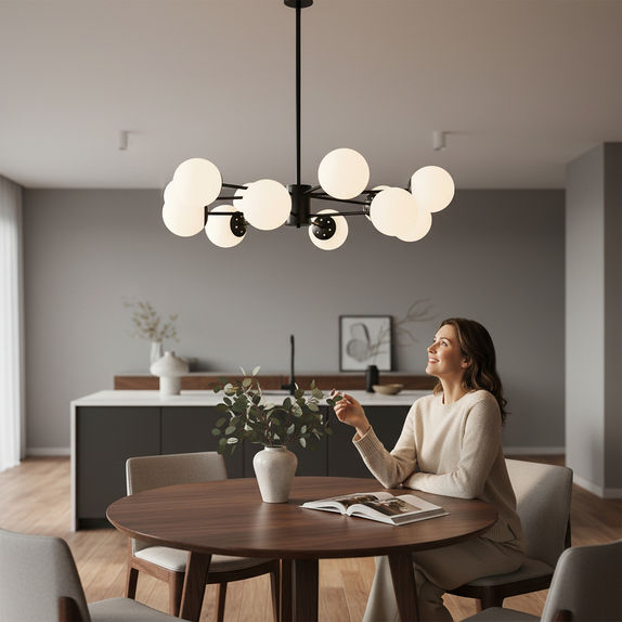 Lustra LED Living 12 Brate Negru – 12xE27, Diametru 90cm