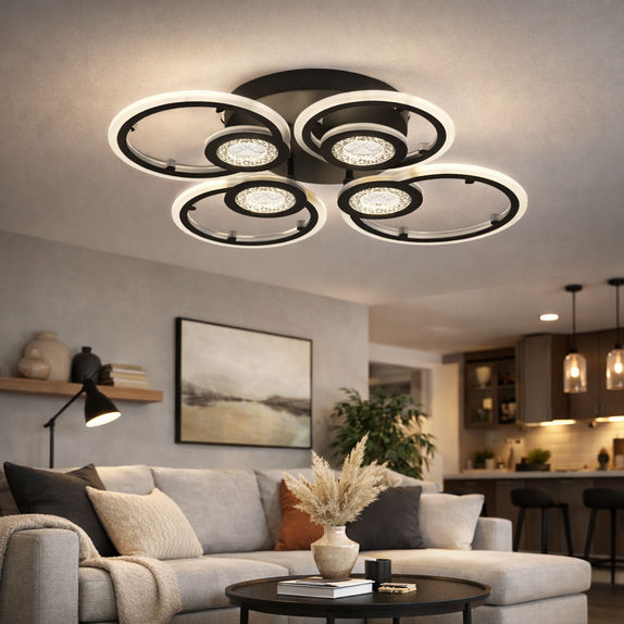 Lustra Led neagra cercuri 96W Cu 8 Brate 3 Culori 560Mm X 85Mm
