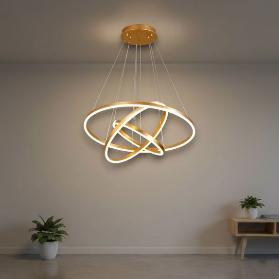 Lustra LED Suspendata Aluminiu 150W – 9800lm, Telecomanda, 3 Cercuri Ajustabile