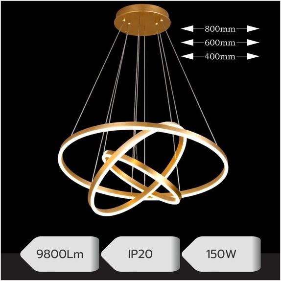 Lustra LED Suspendata Aluminiu 150W – 9800lm, Telecomanda, 3 Cercuri Ajustabile