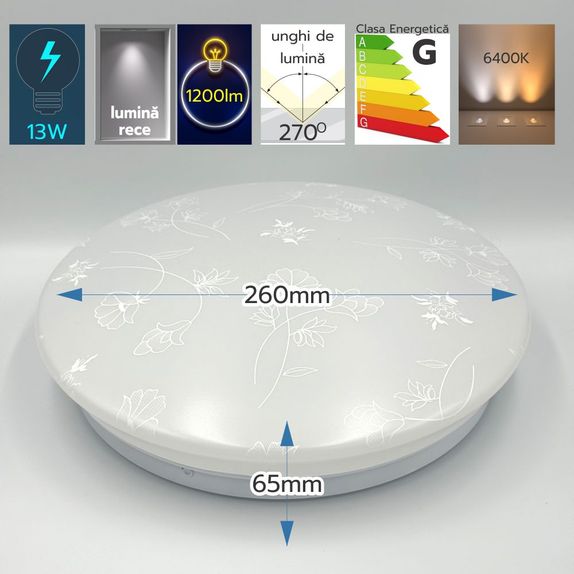 Plafoniera LED Flower,13W=75W, 260x65mm, 6400K, lumina rece