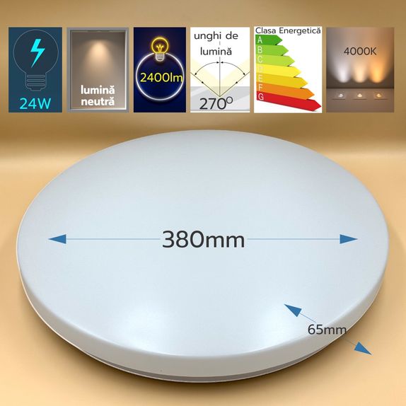 Plafoniera rotunda Led Slim Ø375 mm, 24W=200W, 4000K, lumina naturala
