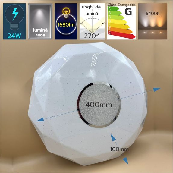 Plafoniera LED diamant cu inel decorativ, Ø400, 24W, 1680Lm, 6500K