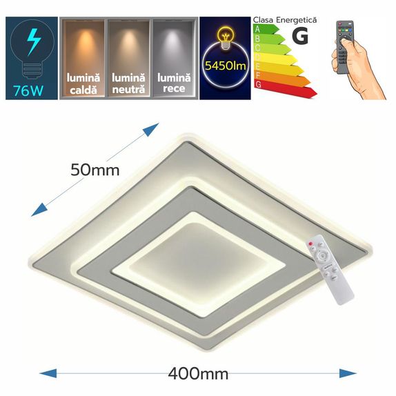 Plafoniera LED Puternica 76W, 5450lm, CCT (3 in 1), pentru Living si Birou