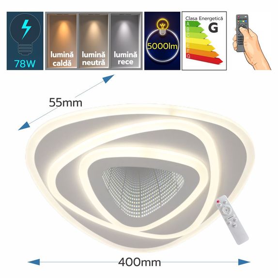 Plafoniera Led cu telecomanda 78W 5000lm 3000k/4000k/6500k 400x55mm