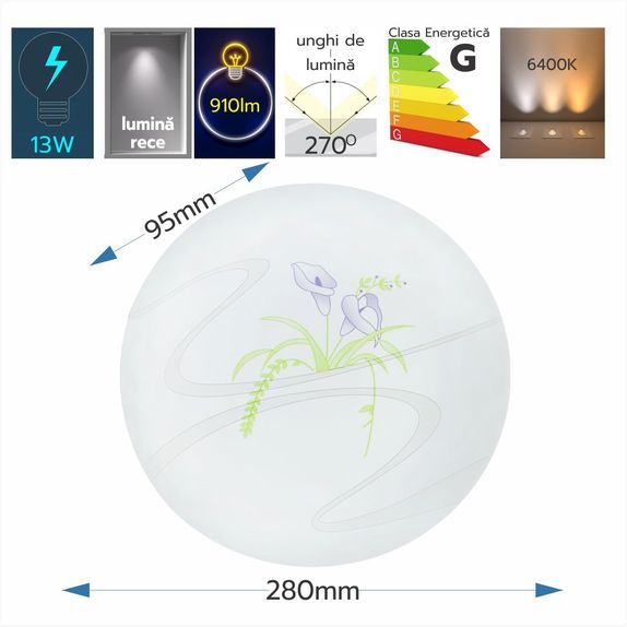 Plafoniera LED Flower, 13W=75W, Ø230, 6500K, lumina rece