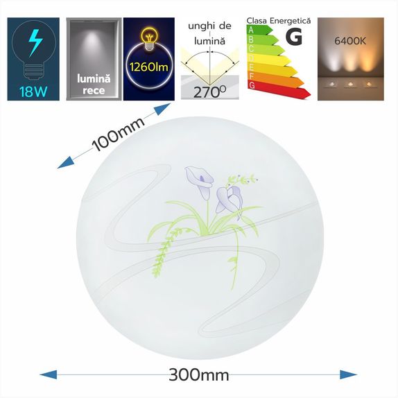 Plafoniera LED Flower Shape, 18W (Echivalent 120W), Ø30cm, Lumina Rece