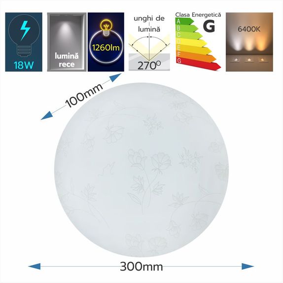 Plafoniera LED Flower 18W=120W FI300 6500K, lumina rece