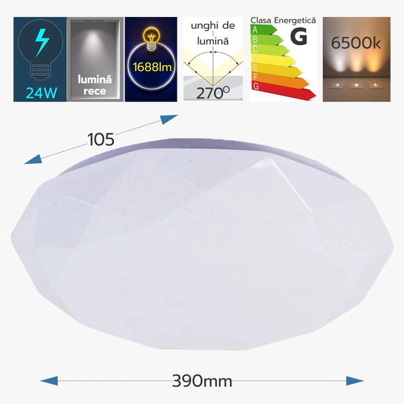 Plafoniera LED Diamond Crystal, 24W (Echivalent 200W), Ø39cm, Design Modern