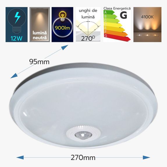 Plafoniera Led cu Senzor de Miscare 12W=75W reglabil, Ø270, 4000K, lumina neutra
