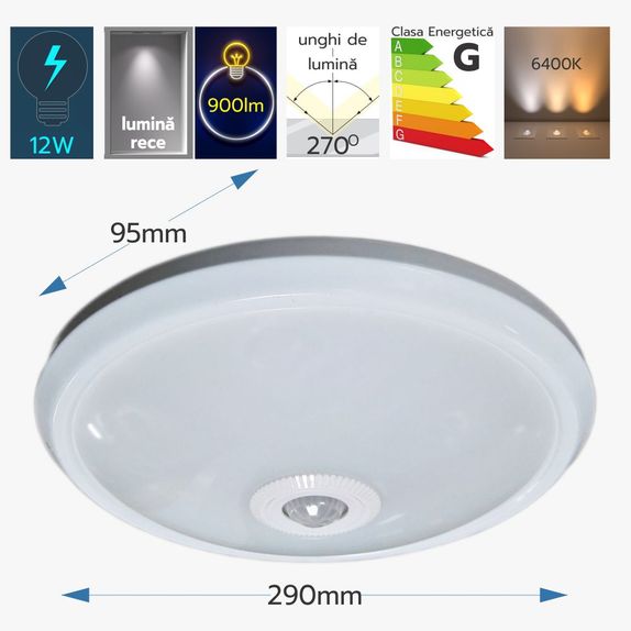 Plafoniera LED cu Senzor de Miscare, 12W (Echivalent 75W), Senzor Reglabil, Ø27cm