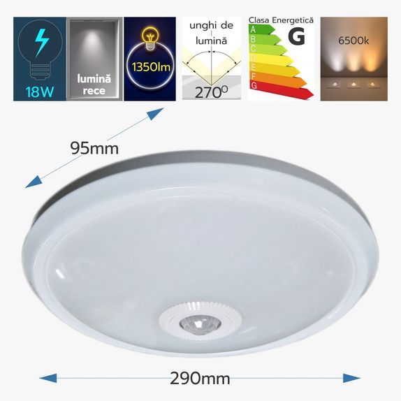 Plafoniera Led cu Senzor de Miscare 18W=115W reglabil, Ø290, 6400K, lumina rece