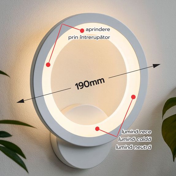 Aplica LED perete rotunda cu lumina ajustabila 18W/1400LM/3000K/4000K/6500K