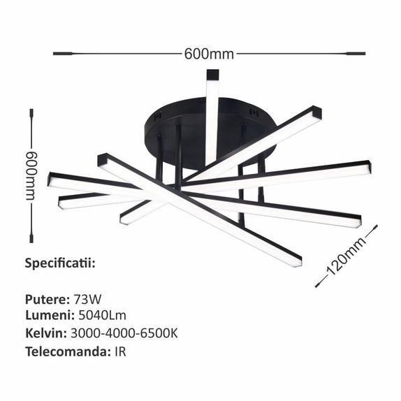 LUSTRA LED AXIS NEGRU 6 BRATE 73W 5040LM 600*600*120mm