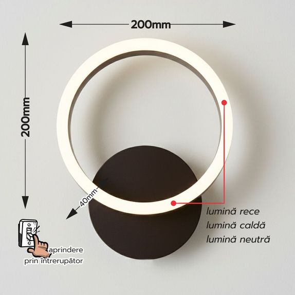 Aplica dormitor perete led 18w 200mm 3 culori 3000K/4000K/6500K