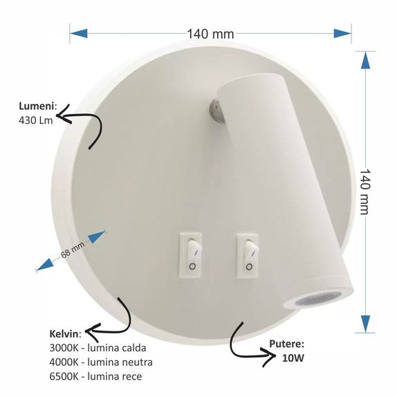 Aplica LED Moderna cu Spot Orientabil, 10W, Design Alb Minimalist