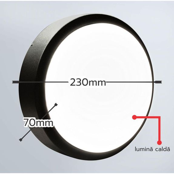 Aplica rotunda Lara IP65 15W 3000K 1350LM, lumina calda