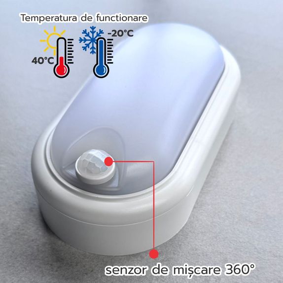 Aplica ovala de exterior cu senzor de miscare 360°, 8W=60W, 650Lm, IP65, lumina rece