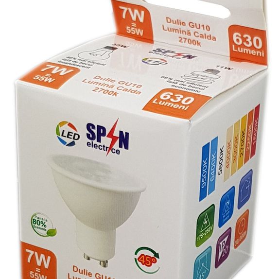 Bec Led Gu10, model R50, 7W=55W, lumina calda