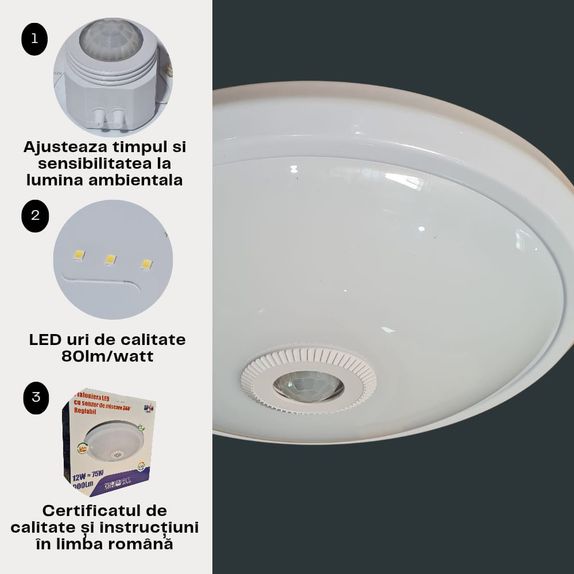 Plafoniera LED cu Senzor de Miscare, 12W (Echivalent 75W), Senzor Reglabil, Ø27cm