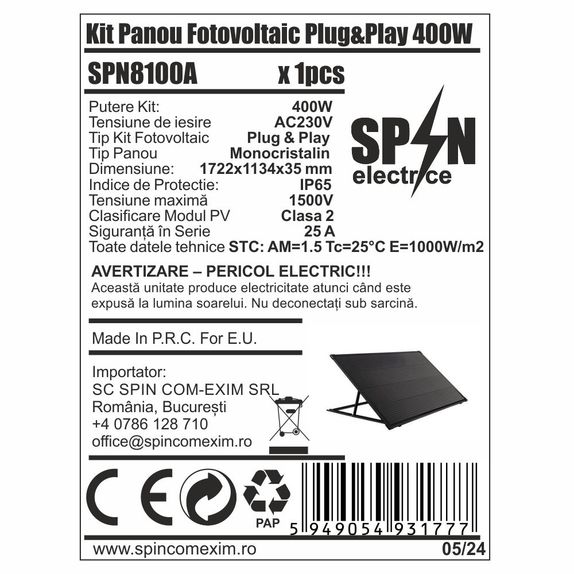 Kit Solar Plug & Play 400W – Panou Fotovoltaic 1500V, 25A, Dimensiuni 1722x1134x35 mm