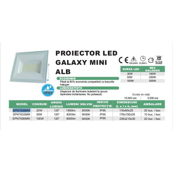 Proiector Led Alb 100W, 6400K, lumina rece 280 x 250 x 35 Galaxy 100W=500W