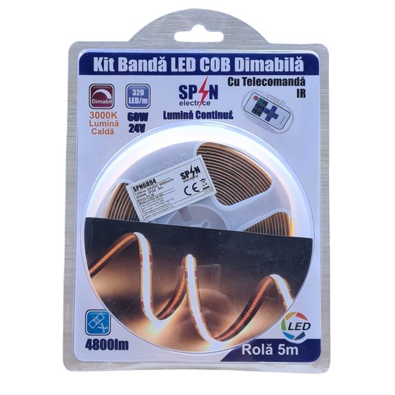 Banda LED cu Telecomanda si alimentator dimabila lumina continua 3000k lumina calda 60W 4800Lumeni 24V
