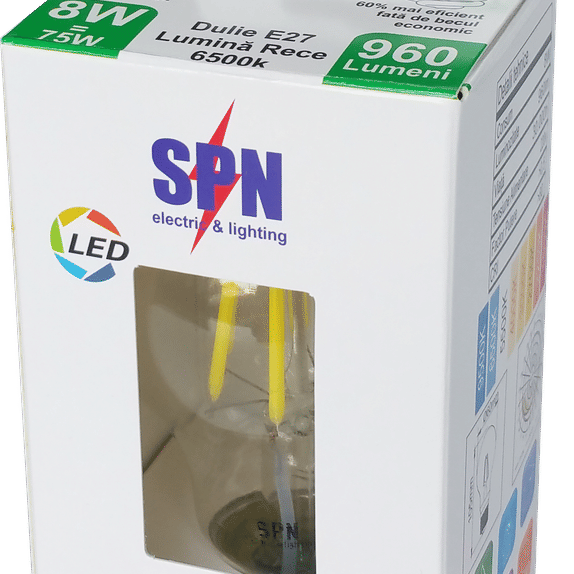 Bec Filament E27, model A55, 8W=75W, 6500K, lumina rece