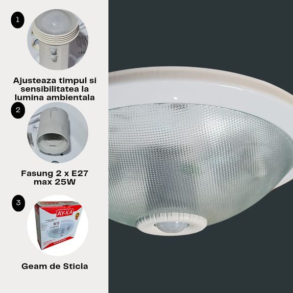 Plafoniera cu senzor pentru bec led 2XE27 IP20 220V 2X25W