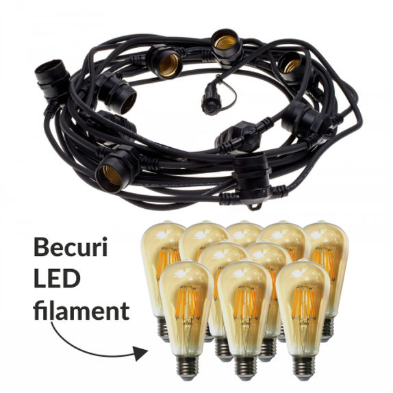 Pachet ghirlanda 10m, E27, IP65 cu 10 becuri LED Filament Amber 2W