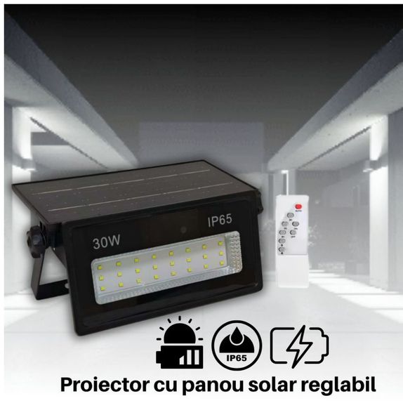 Proiector cu panou solar integrat 30W, 230x95x35mm, 400lm, IP65, 6500K
