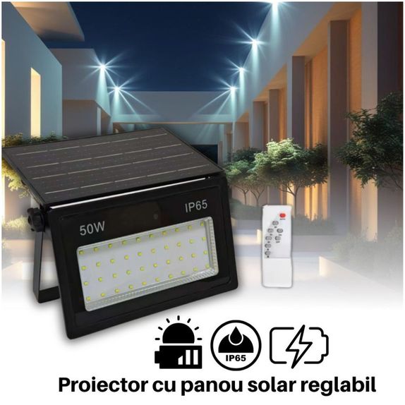 Proiector cu panou solar integrat 50W, 235x140x48mm, 700lm, IP65, 6500K