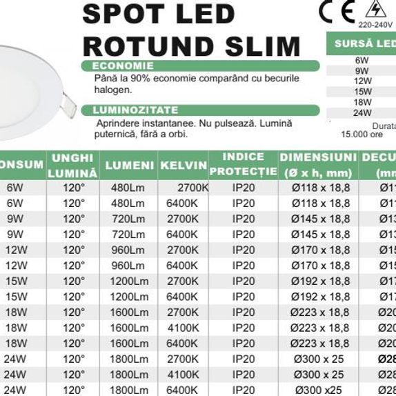 Spot Led Slim incastrat Ø118, 6W=40W, 2700K, lumina calda 