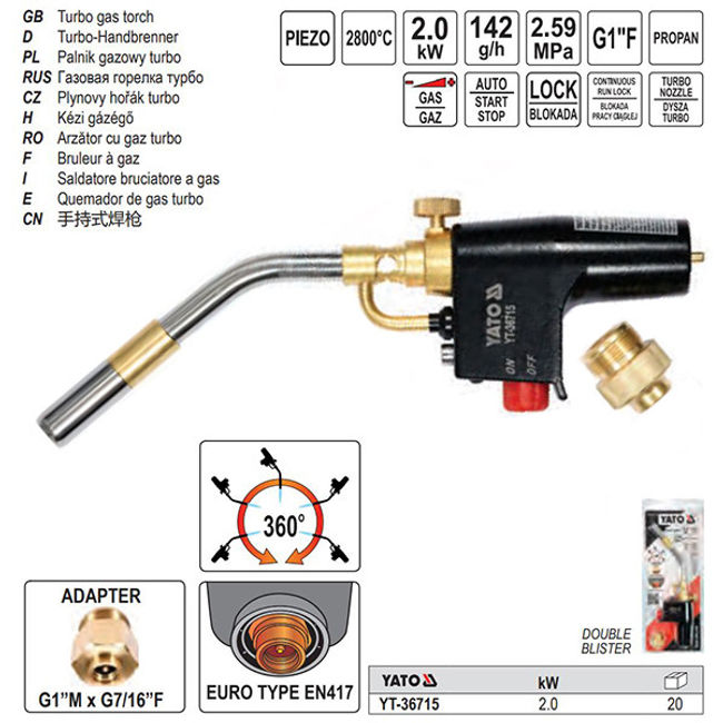Lampa de lipit cu gaz gaz propan-butan/amestec MAPP, 2 kW, 142 g/h, Yato YT-36715