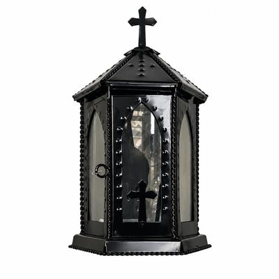 Felinar funerar cimitir, hexagon, negru, fara picior, cu pereti din sticla si tabla