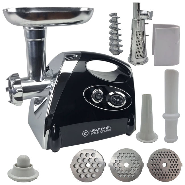 Masina de tocat carne, electrica, Craft-Tec MX976, functie Reverse, 1.6 kg/min, 3500 W, accesoriu carnati si kebbe, accesoriu pentru suc de rosii, negru + argintiu