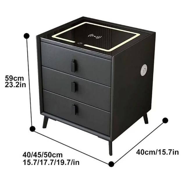 Noptiera inteligenta cu iluminare LED și incarcare wireless, port USB si Type-C, 3 sertare, sticla securizata, piele ecologica – culoare gri inchis