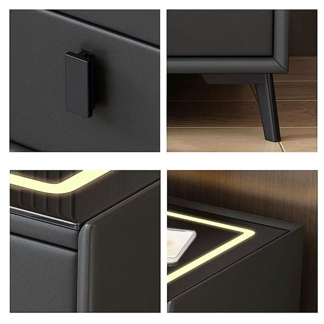 Noptiera inteligenta cu iluminare LED și incarcare wireless, port USB si Type-C, 3 sertare, sticla securizata, piele ecologica – culoare gri inchis