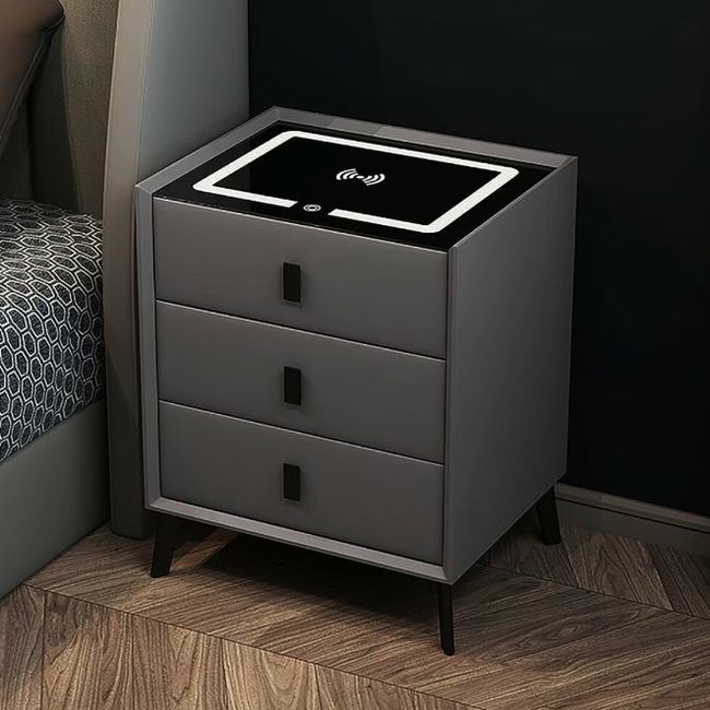 Noptiera inteligenta cu iluminare LED și incarcare wireless, port USB si Type-C, 3 sertare, sticla securizata, piele ecologica – culoare gri inchis