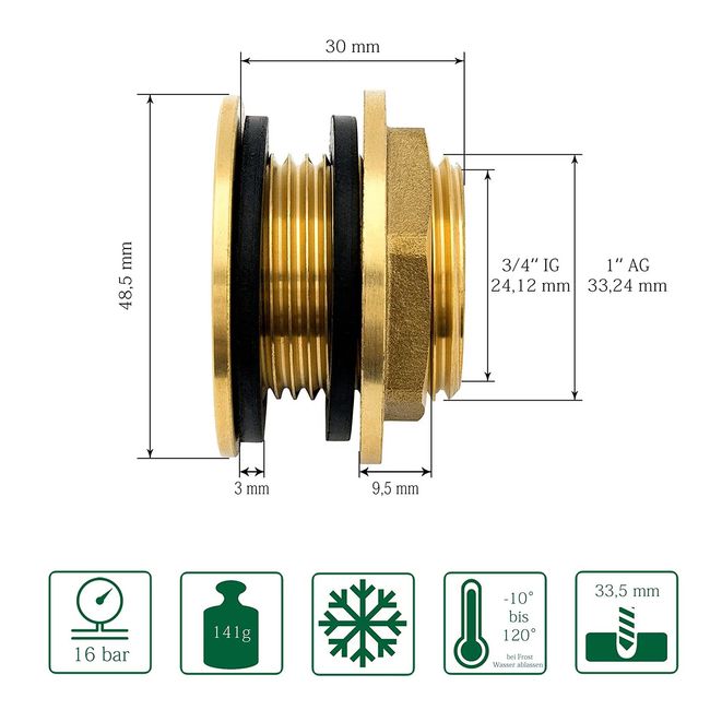 Conector de rezervor din alama, filet exterior 1" x interior 3/4", cu 2 garnituri din cauciuc, pentru sisteme de irigare