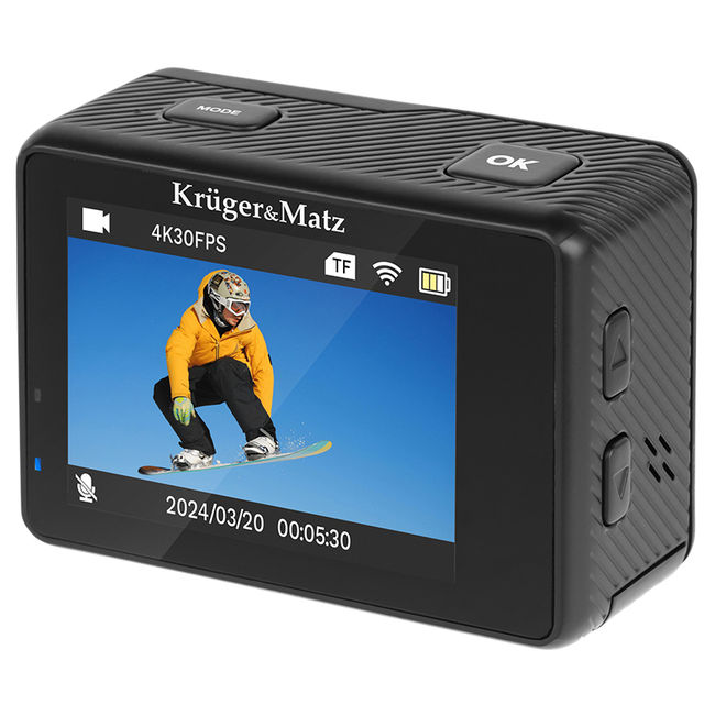 Camera de actiune 4K Ultra HD, 4GB RAM, 256 GB Max. slot card, stabilizare imagine EIS, microfon, unghi larg 170°, port mini HDMI si USB-C, WIFI, filmare subacvatica 30 m adancime