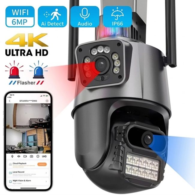Camera de supraveghere lentila duala 6 MP, P2P WIFI 2.4G, rotire 360 grade PTZ cu senzor de miscare, sirena, detectie umana si aplicatie iCSee
